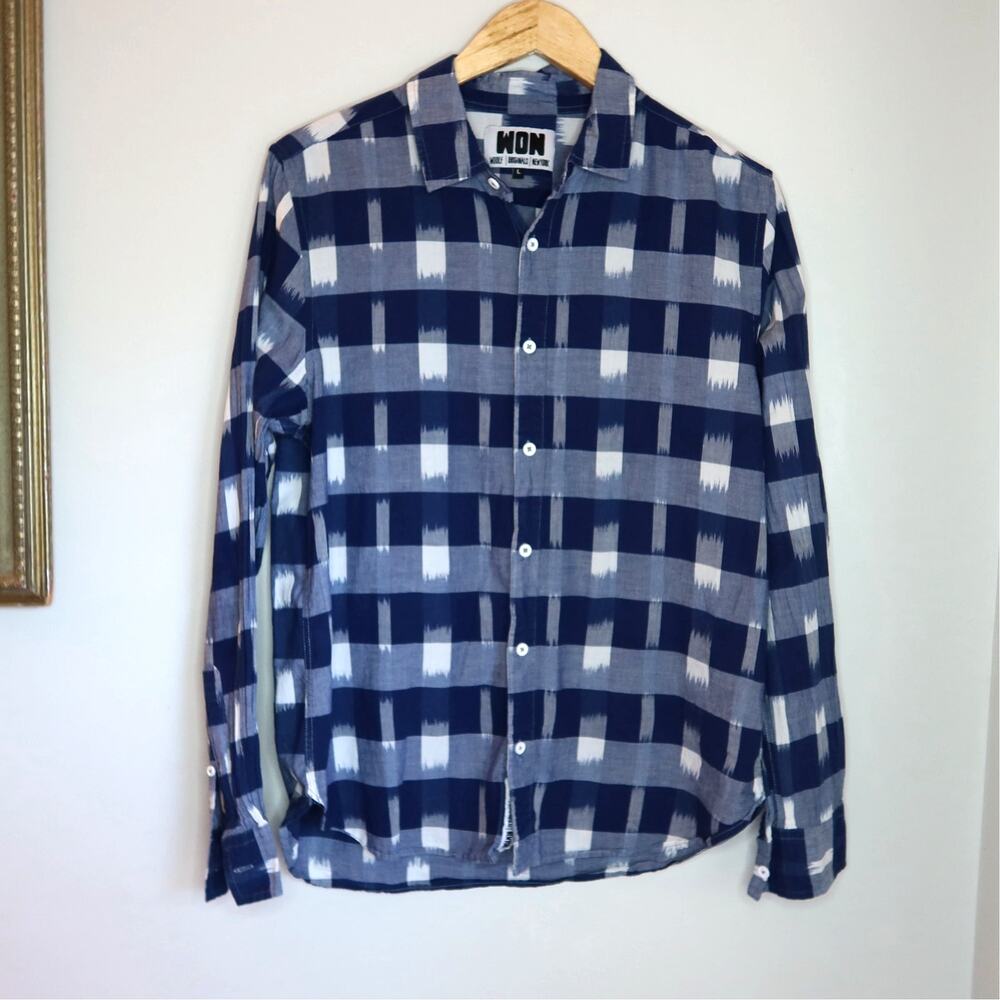 Woolf Originals New York Navy Plaid Button Up Shirt Size L Ikat Print